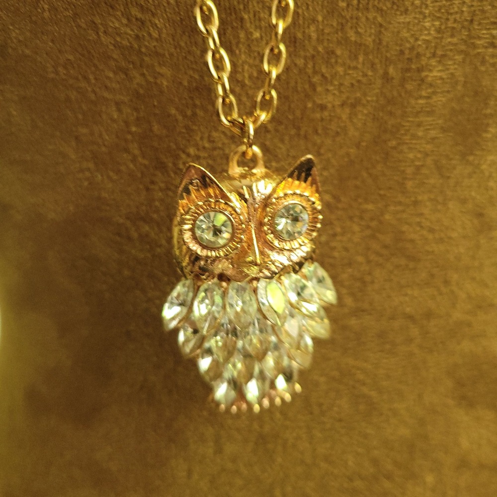 Tuleste Rose Gold Tone Crystal Owl Pendant Long Necklace Size 28-31" Cottagecore